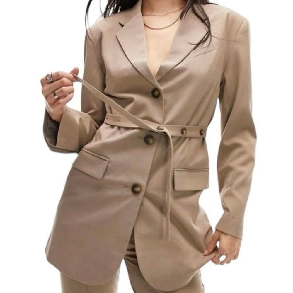 TOPSHOP NWT Tan Long Line Belted Button Down Blazer 8